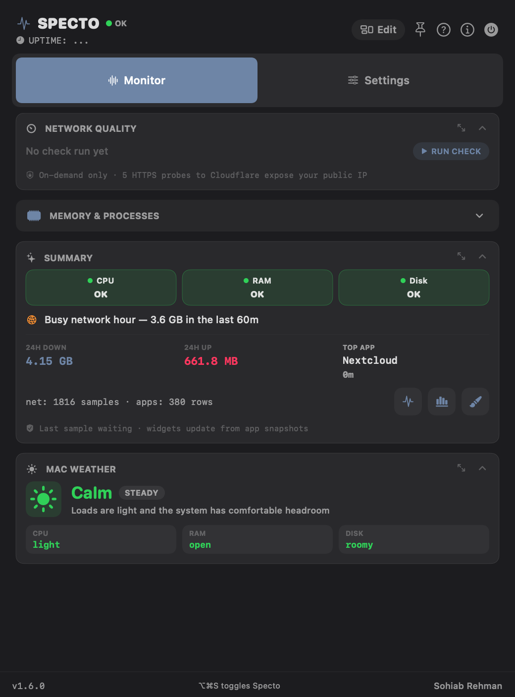 Specto dashboard with processor, network, storage, battery, memory and summary cards