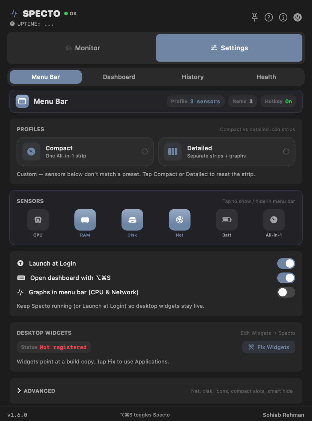 Specto settings showing layout, sensors, network menu item, compact bar and order