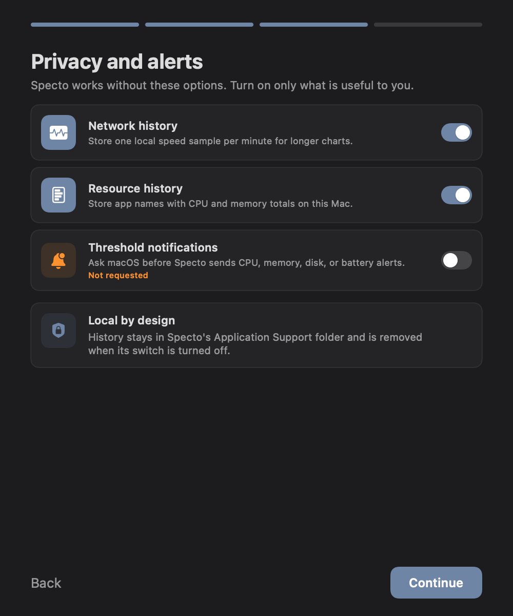 Specto onboarding — Choose what’s stored