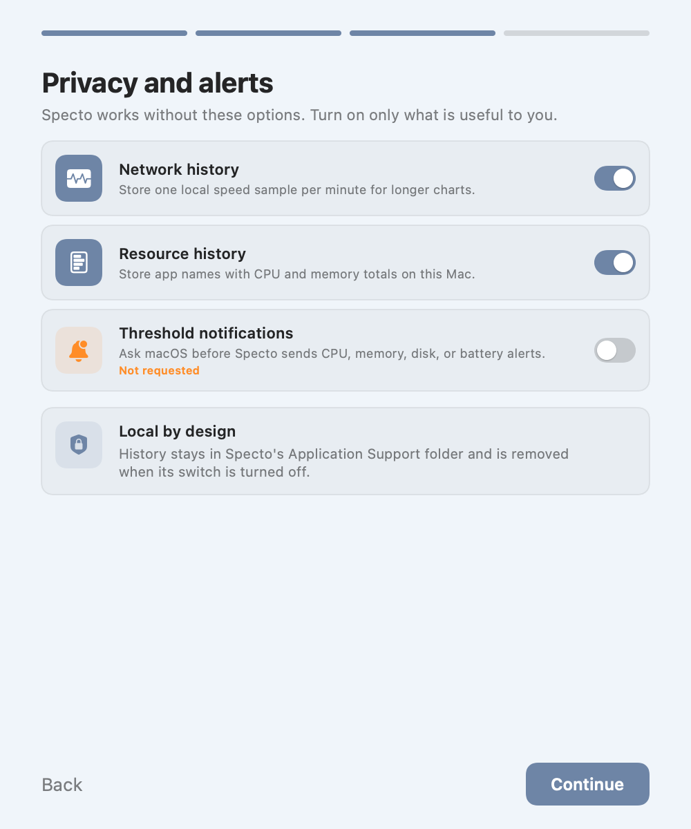 Specto onboarding — Choose what’s stored
