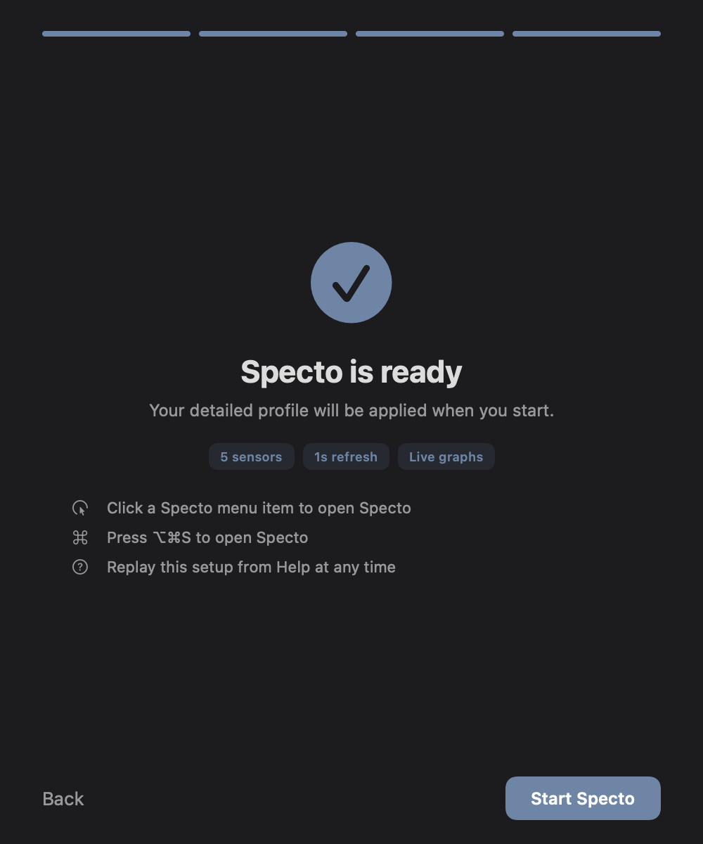 Specto onboarding — Start Specto