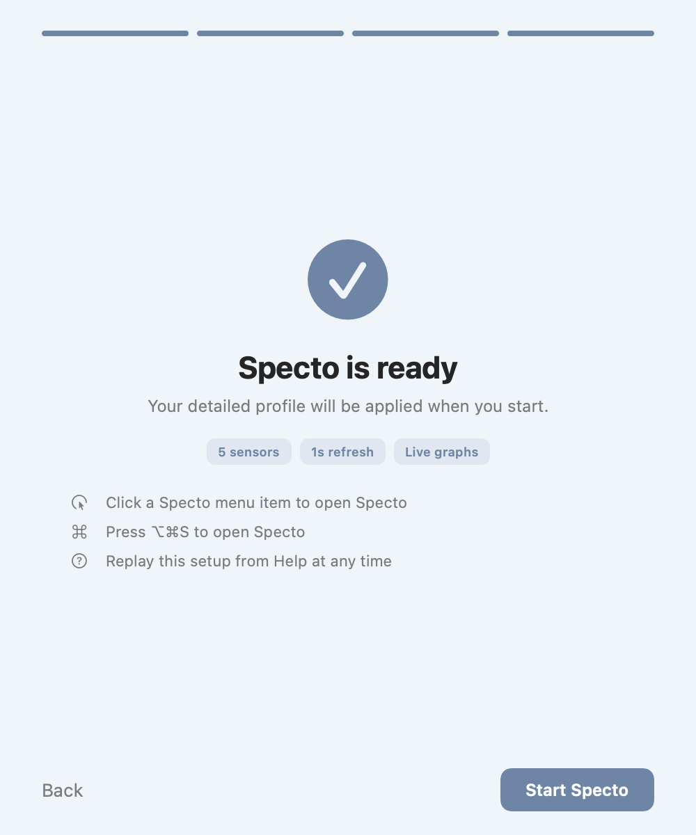 Specto onboarding — Start Specto